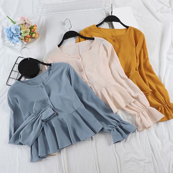 

elegant women flare sleeve v-neck leopard basic ruffles shirt casual short slim high waist cardigan button chiffon blouse, White