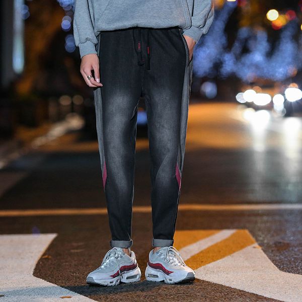 

2018 autumn winter men denim jeans color patchwork washed casual taper full-length slim elastic waist pencil pants male tide, Blue
