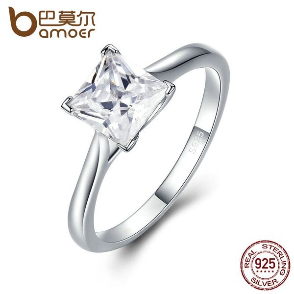 

bamoer подлинная стерлингового серебра 925 высокое качество принцесса cut кольца для женщин, прозрачный циркон обручальное кольцо свадебные, Slivery;golden