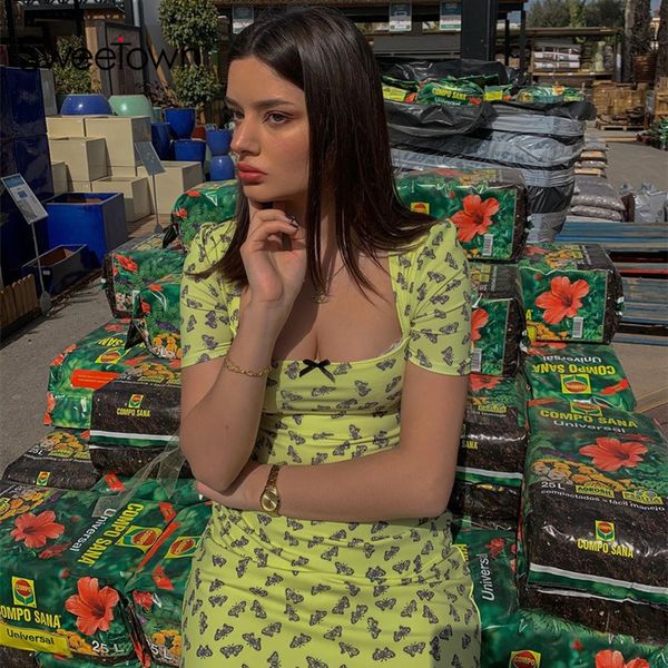 

sweetown милый сладкий бабочка печати женщины мини-платье лето с коротким рукавом квадратный воротник розовый bodycon платье женская партия, Black;gray