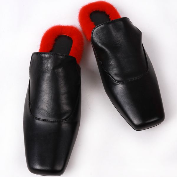

natural fur slides women real slippers ladies flat-with slippers, Black