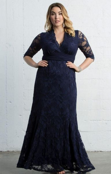 

elegant dark navy plus size lace formal dresses with long sleeves v-neck ankle length evening gowns mermaid prom dress, Black