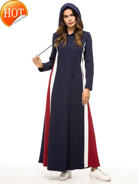 

new hijab women dress abaya dubai faldas party mc207328 muslim contrast color stitching long sleeve hooded, Red