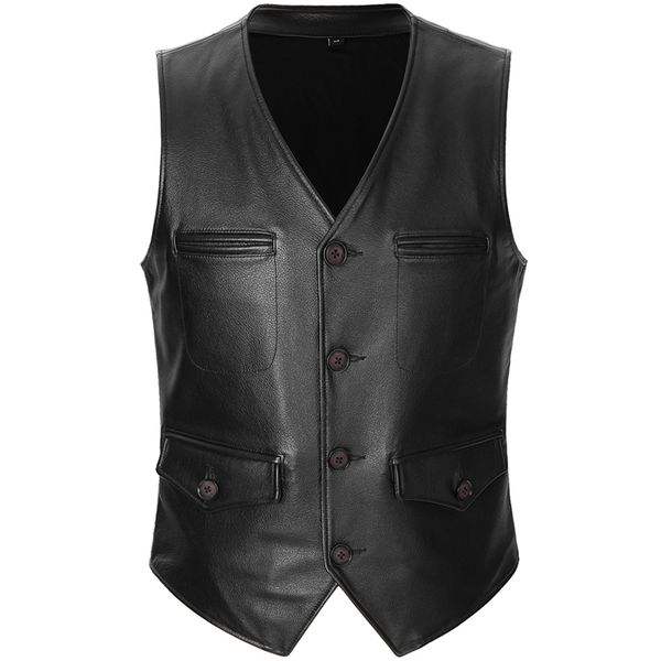 

2019 black men american casual style leather vest plus size xxxxl genuine cowhide slim fit short leather vest ing, Black;white