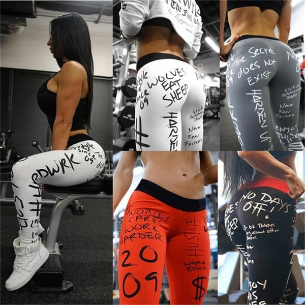 Pantaloni stampati con lettere di graffiti alla moda da donna Leggings fitness da donna Pantaloni lunghi sportivi da palestra Pantaloni skinny in vita elastica