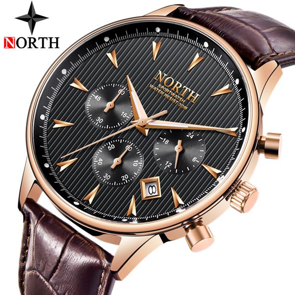 

relogio masculino luxury brand north men watches auto date chronograph quartz watch men gold casual sport military wrist watch, Slivery;brown