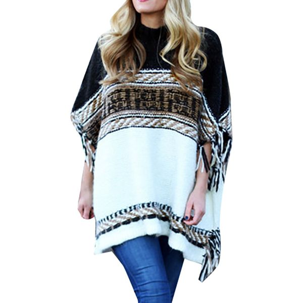 

womens long sleeve stripe color block tassel sweater knitted cloak autumn and winter 2019 new arrivals new 82, White;black