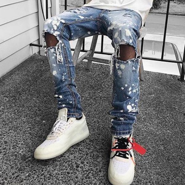 

men's ripped skinny distressed destroyed jeans male slim fit stretch biker jeans pants with holes autumn denim trousers 2019 new, Blue