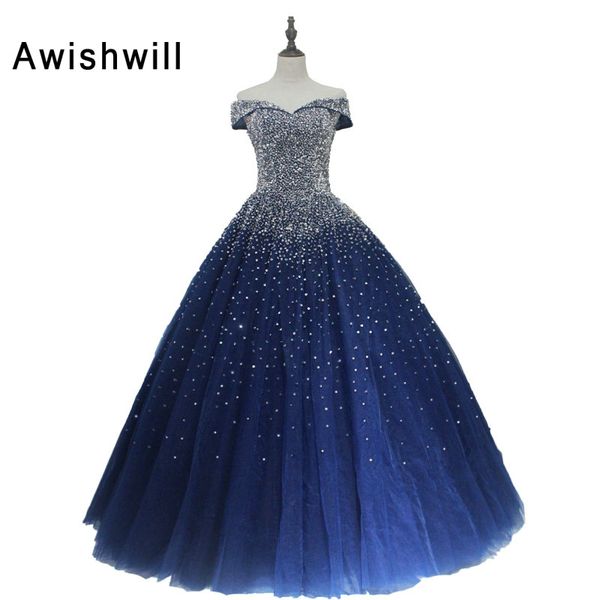 

long elegant navy blue dress prom off the shoulder beadings tulle ball gown evening party dress for women lace-up back, White;black