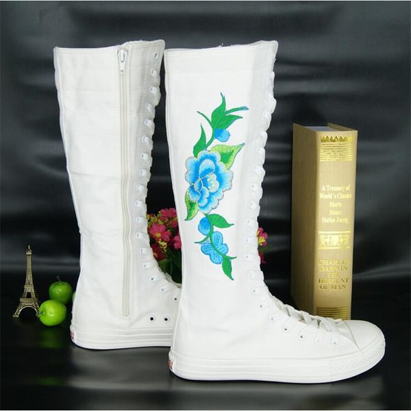 

fashion embroidered flower boots flat dance dance tie side zipper super high boots canvas shoes, Black