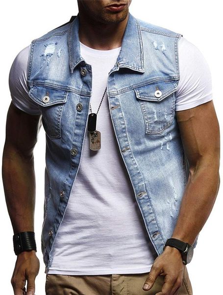 

mens summer designer sleeveless jeans jackets lapel neck regular solid color homme clothing fashion style casual apparel, Black;brown