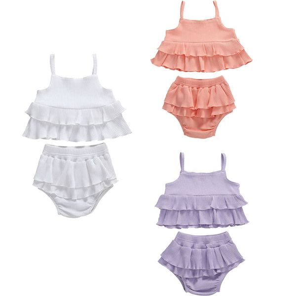 

baby girls summer clothiong sleeveless vest t-shirt shorts 2-piece set sleeveless flouncing pleated elastic infant baby clothing, White