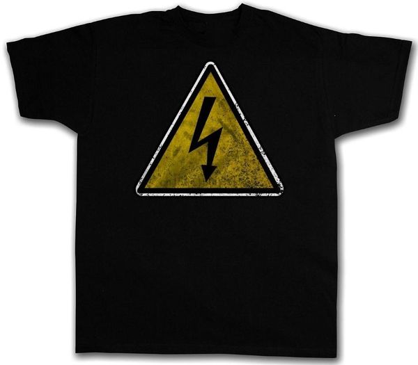 

mens caution high voltage vintage logo sign t-shirt round neck short sleeves clothing, White;black