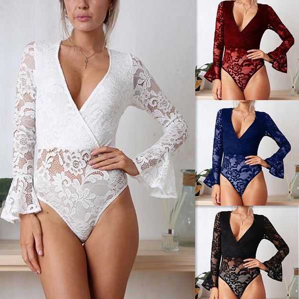 

khoshtib women's jumpsuit long-sleeved v-neck lace jumpsuit fashion, Black;white