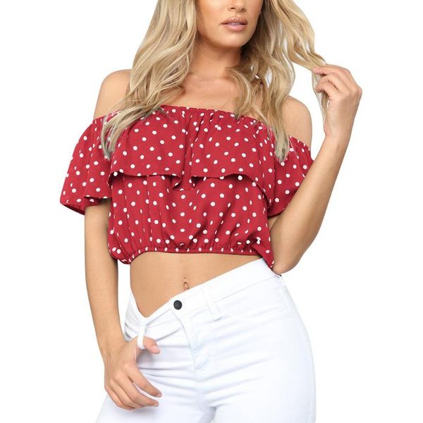 

blouse shirt women short sleeve off shoulder summer short tunics plus size ruffles polka dot print boho clothing blusa feminina, White