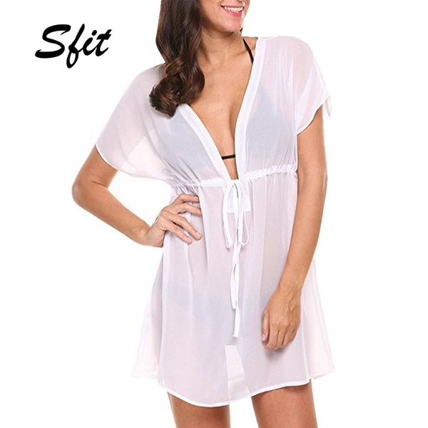 

sfit summer women solid color lace perspective deep v - neck bikini cover-ups loose sleeve beachwear vacation casual, Blue;gray