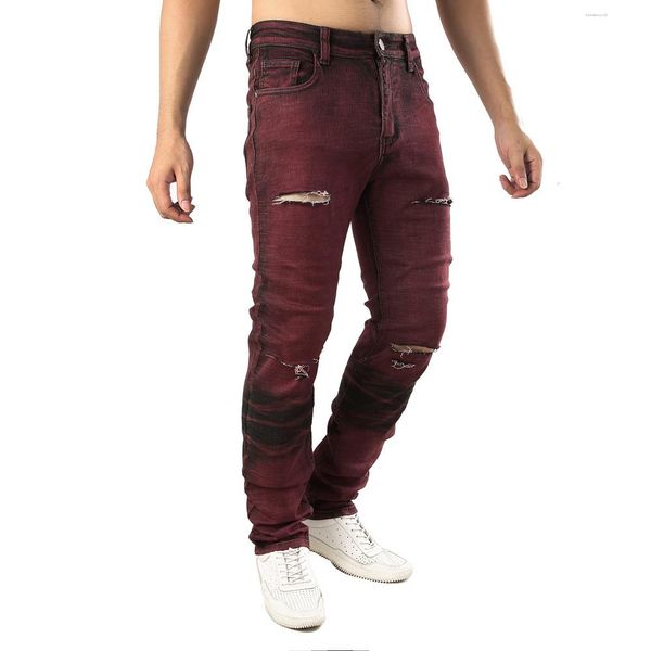 

men's jeans mens casual autumn denim cotton straight ripped hole trousers pants for men asian size, Blue