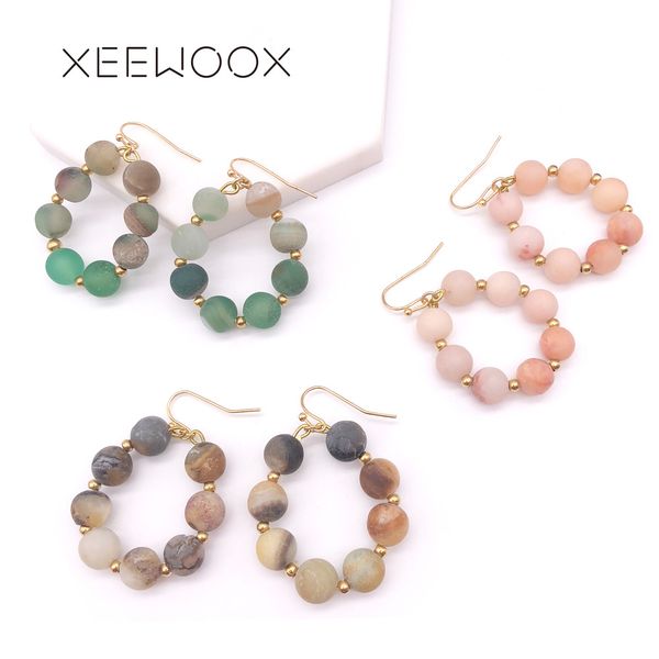 

colorful natural stone semi-precious stone pink green brown beads drop earring statement woman circle drop earring vintage gift, Silver
