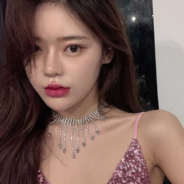 

huanzhi elegant shiny crystal rhinestone irregular long tassel choker clavicle chain necklace for women wedding accessory, Golden;silver