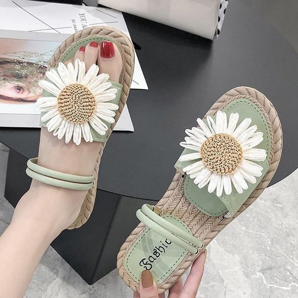 

womens knit flat heel flower shoes slippers summer women's non-slip flip flops open toe comfortable straw sandals slippers #0608, Black