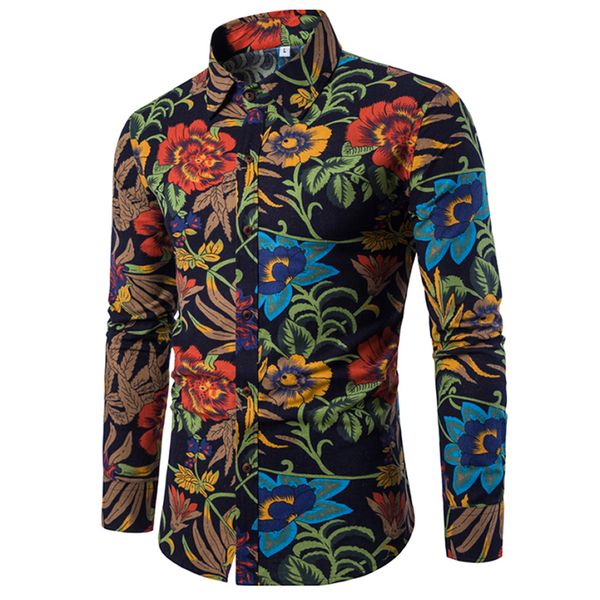 

13 colour 2019 fashion pattern boutique cotton linen printing mens casual long-sleeved shirts male slim social shirt size s-5xl, White;black