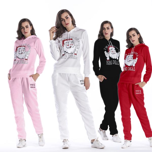 

2018 autumn new two piece sports suit santa claus print large size women's suit loose hooded sweater trousers, Gray