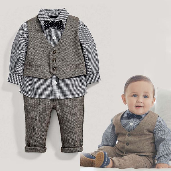 

4pcs/set) wedding baby boy clothes set newborn baby clothes shirt+vest+pant+bow, White