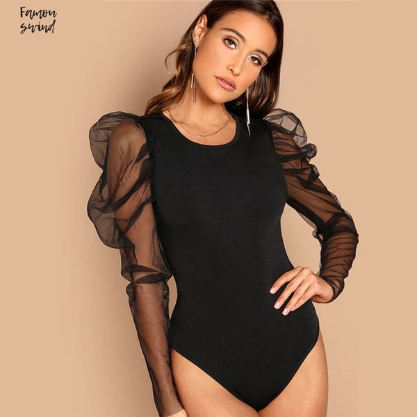 

контраст сетки bodysuits gigot рукава черный sexy bodysuit женщины середина талии тощий bodysuit элегантные дамы с длинным рукавом, Black;white