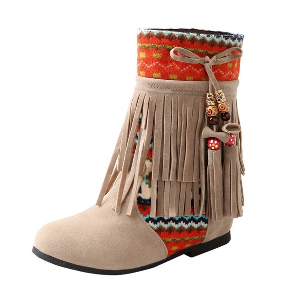 

bohemia tassel short booties autumn winter slip-on flat round suede fund ankle boots lie fallow ethnic style shoes, Black
