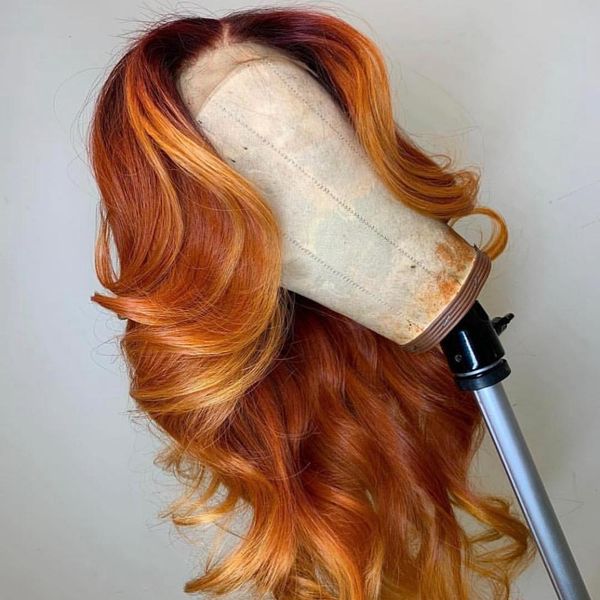 Orange Honey Blonde Lace Front Human Hair Wigs Colored Wavy