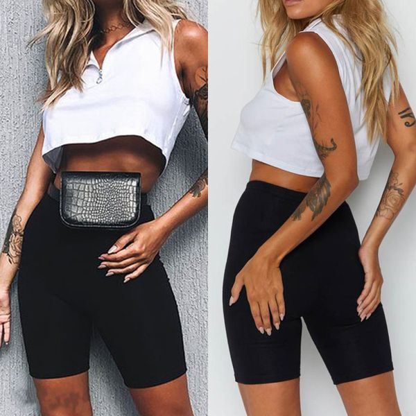 

summer women casual shorts women black casual elastic high waist shorts simple skinny plus size, White;black