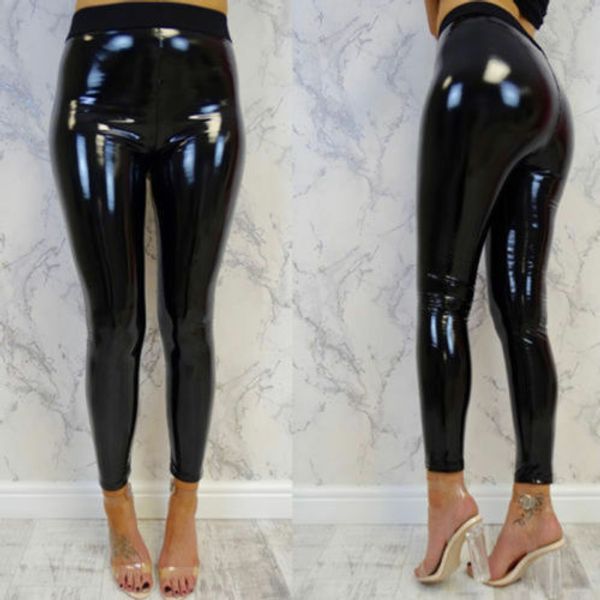 Pantaloni a vita alta in PVC lucido da donna da donna neri Pantaloni skinny da discoteca skinny effetto bagnato