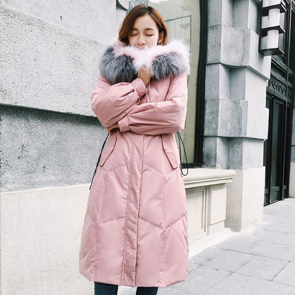 

casual women duck down winter warm thick down jacket outwear large size jacket fur collar with hooded female coat parka, Black