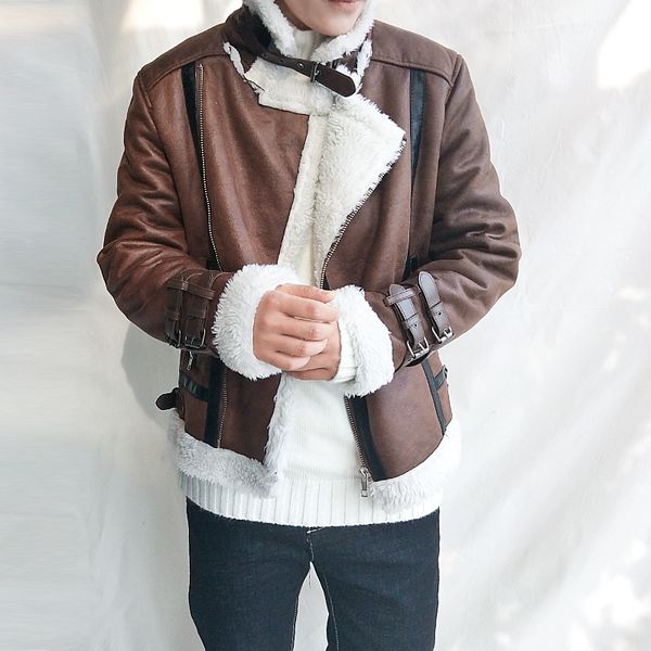 

autumn and winter korean men's slim plus velvet fur one lamb hair motorcycle leather jacket male casual leather coat, Black
