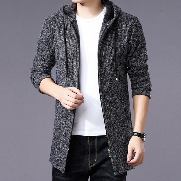 

oeak men long hooded sweatshirt 2019 winter autumn thick warm long cardigan men hooded zipper sweatshirt coat outwear, Black