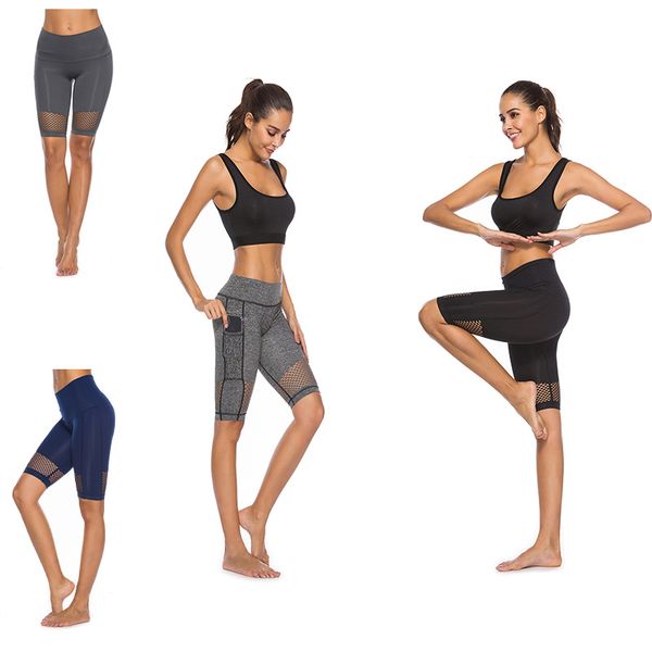 

women yoga shorts polyester spandex knee length mesh sport shorts for ladies sportwear pocket trousers running legging short s-l, White;red