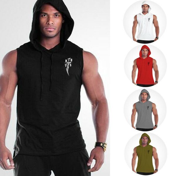 

men muscle pullover hooded hoodie sleeveless gym slim fit casual tee shirt running sports shirt, Black;blue