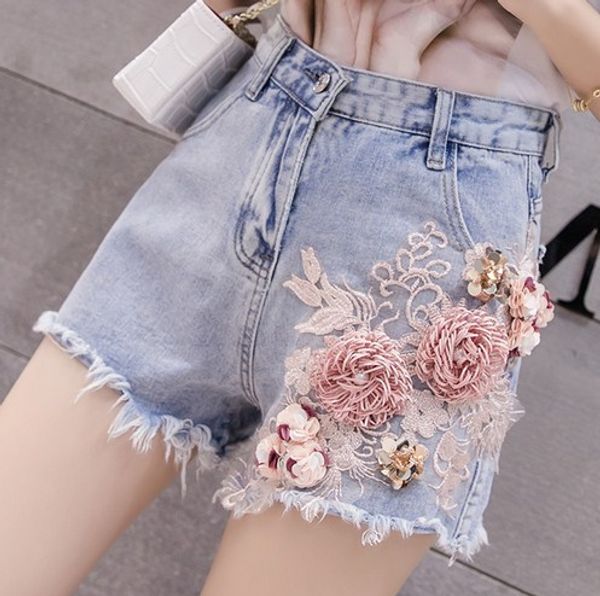 

2019 woman jeans washed white embroidery beaded sequins tassel flowers comfortable loose cotton high waist shorts a16, Blue