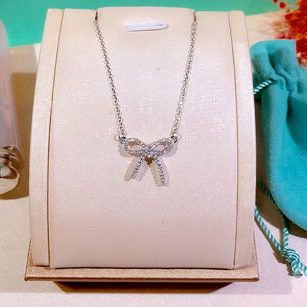 

super adorable full zircon decorative bowknot pendant pure 925 sterling silver women collar necklace romantic gift for girls