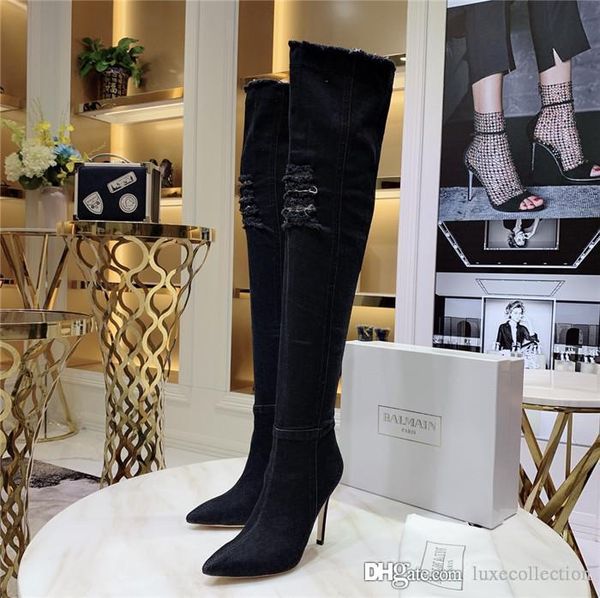 

jean boots women thigh high boots, high elastic over knee high bottes with holes blue heels zipper denim jeans heel-height 11 cm, Black