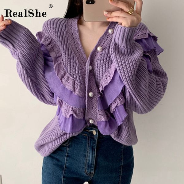 

realshe womens cardigan long sleeve v-neck full sleeve knitted sweater cardigan spring casual ruffles buttons cashmere sweater, White