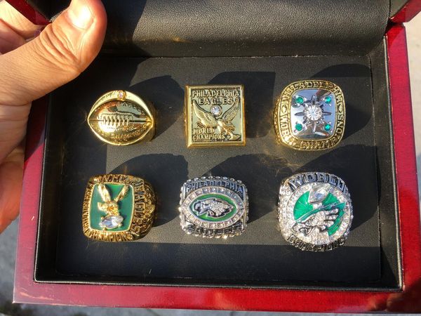 

6pcs super american bowl team football eagles broncos championship ring set with wooden display box fan promotion gift 2019 2020 wholesale, Silver