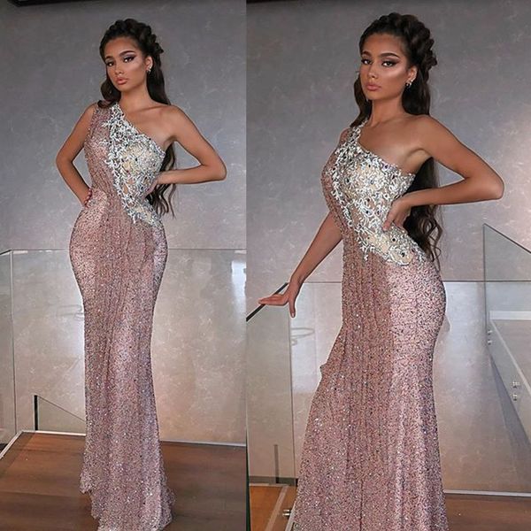 

2020 mermaid evening dresses one shoulder sequins beaded appliqued sleeveless prom dress ruffles floor length custom made formal party gown, Black;red