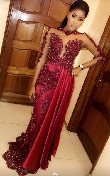 

burgundy appliques lace prom dresses sheath high neck long sleeves party gowns for women african long formal wear wine red, Black