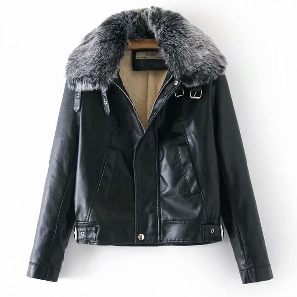 

women winter thick warm pu leather jackets fashion fur outerwear collar detachable coat stylish female casual coat new a301, Black