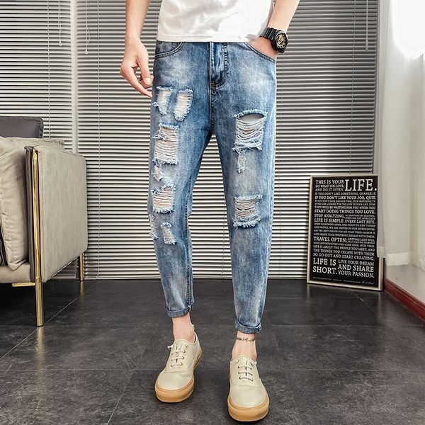 

summer men loose jeans fashion 2020 spring slim fit casual jeans men personality hole pants denim trousers jean homme, Blue