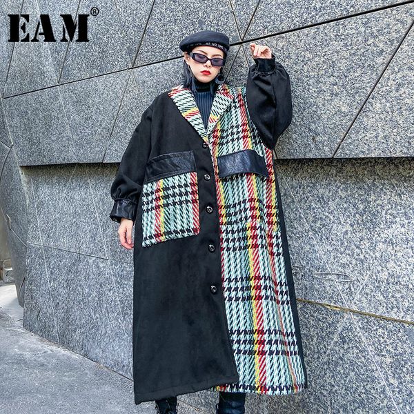 

eam] loose fit black plaid split big size long woolen coat parkas new long sleeve women fashion autumn winter 2019 19a-a717