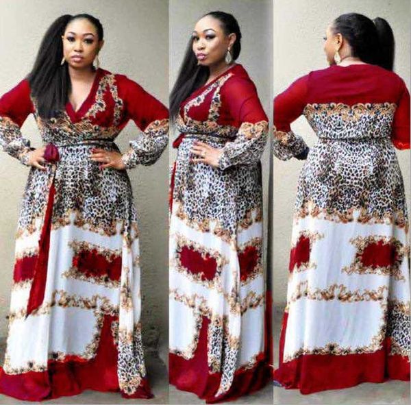 

plus size classic leopard print woman africa long dresses plunging big peplum riche party dress african lady clothes, Red