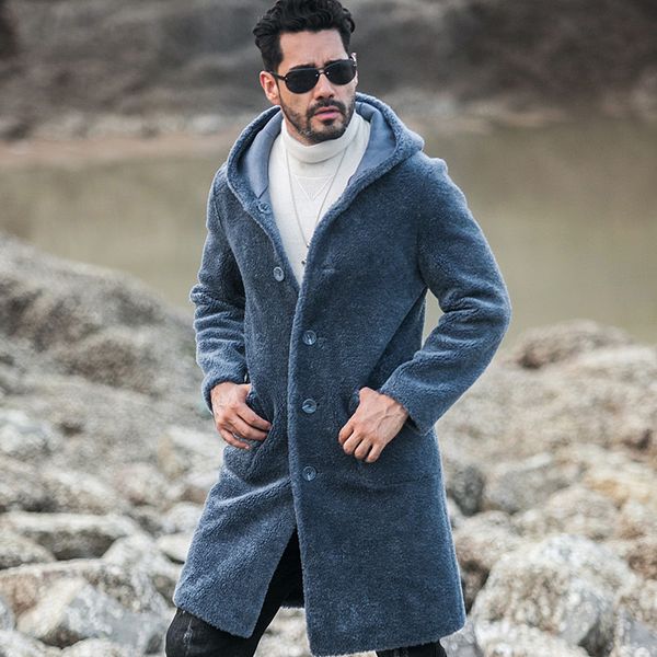 

2018 winter new wool coat men's long section hooded sheep sheared fur men's jacket winter, Black