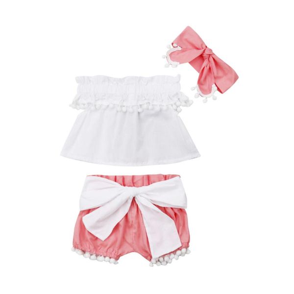 

newborn baby girls clothes off shoulder tassel crop + headband + pink shorts with big bow outfits summer clothes set, White